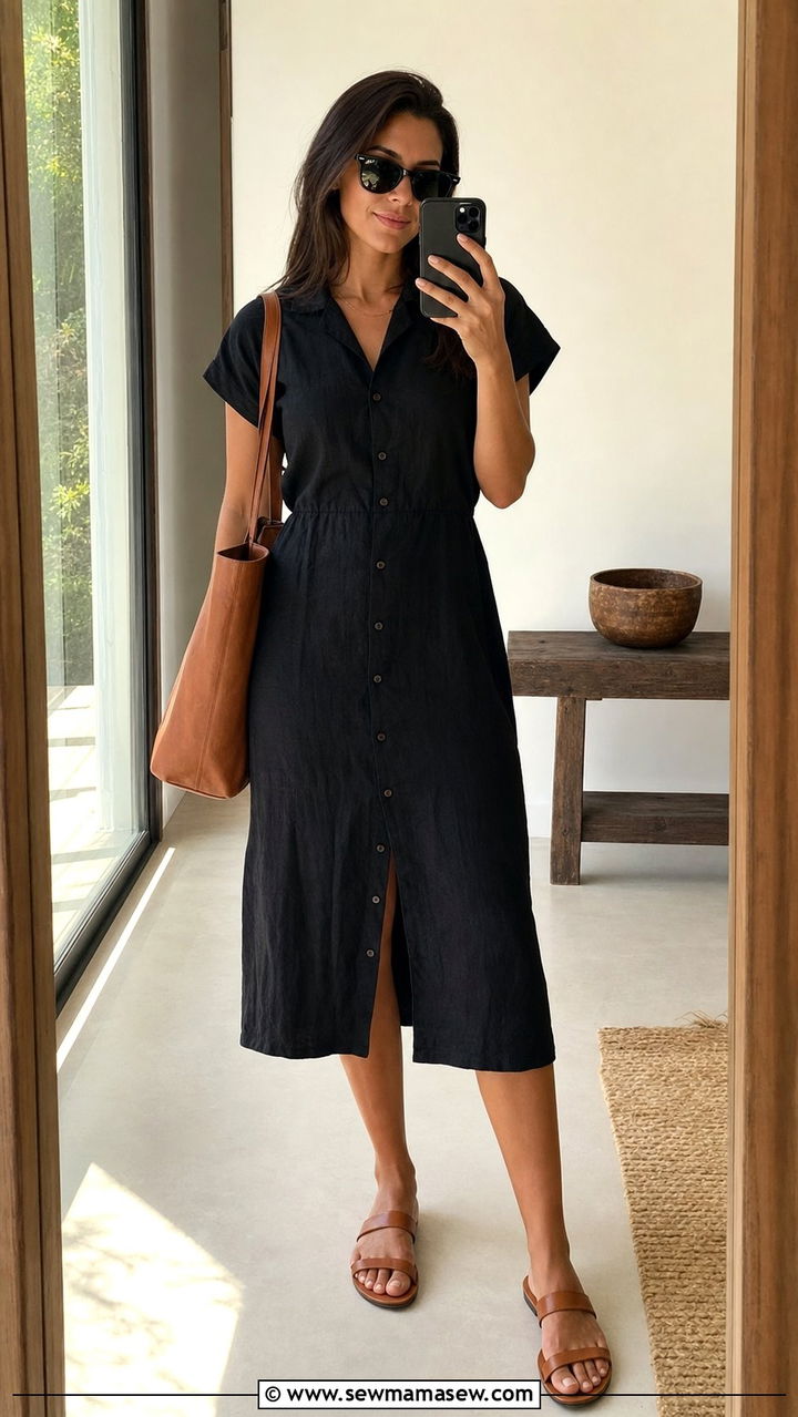 Black Linen Dress With Minimal Sandals - 35 Black dress outfit ideas summer 2026