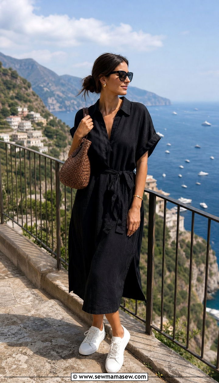 Black Linen Dress With Woven Bag and White Sneakers - 25 spring little black dress outfit ideas