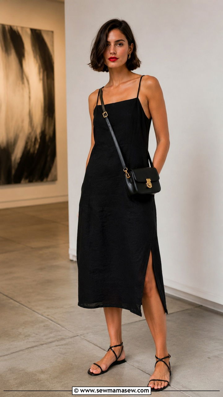Black Linen Dress with Strappy Sandals - 30 Linen dress outfit ideas summer