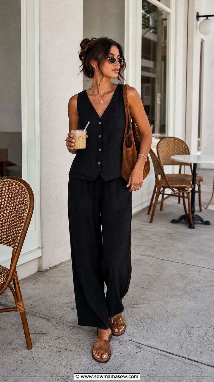 Black Linen Matching Set With Brown Suede Bag And Sandals - 30 Summer suede outfits