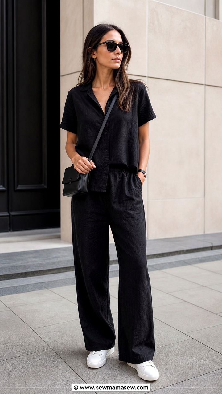 Black Linen Matching Set and Minimal Sneakers - 40 summer minimalist outfits