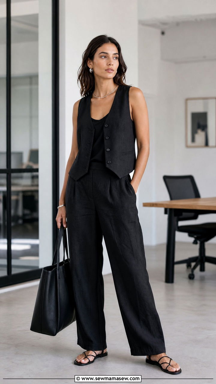 Black Linen Pants With Matching Vest And Strappy Sandals - 35 linen pants outfits