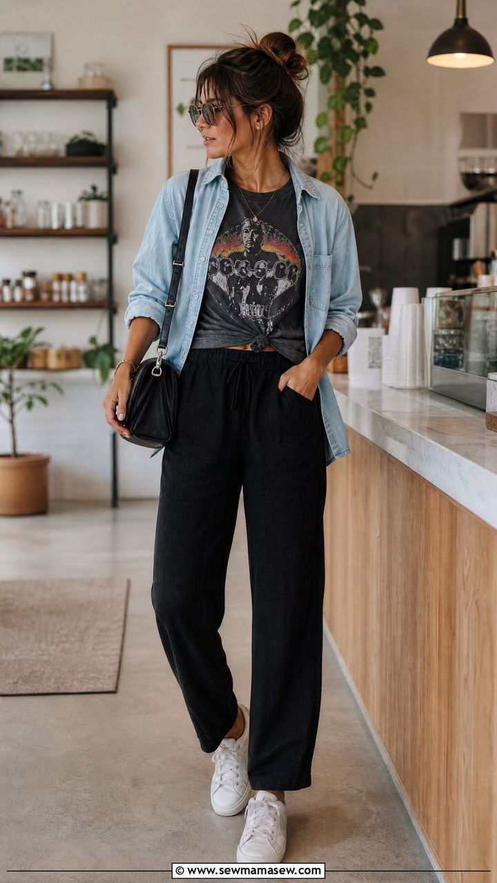 Black Linen Pants with Graphic Tee and Sneakers - 35 linen pants outfits ideas
