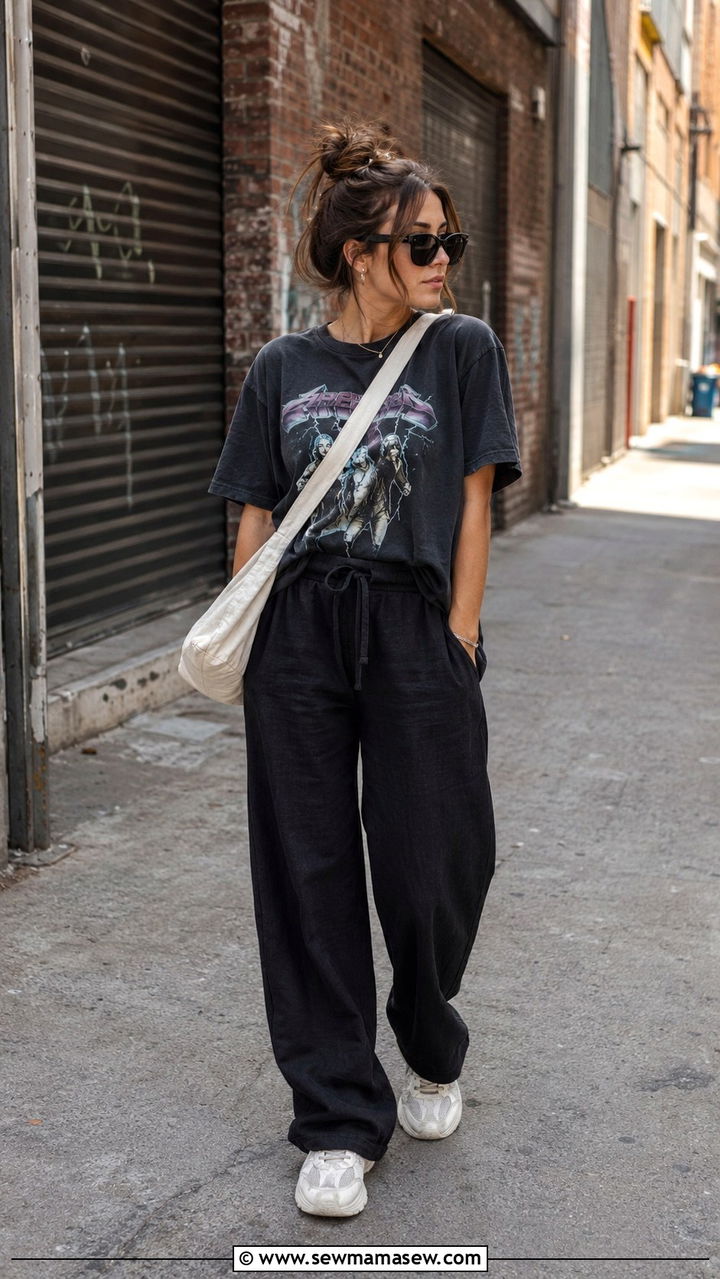 Black Linen Pants with Graphic Tee - 30 how to style linen pants outfits