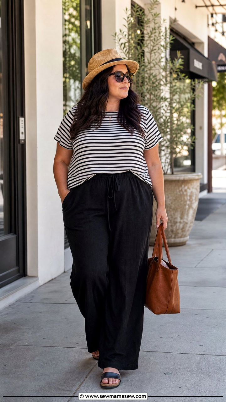Black Linen Pants with Striped Tee - 25 Linen pants outfit ideas plus size