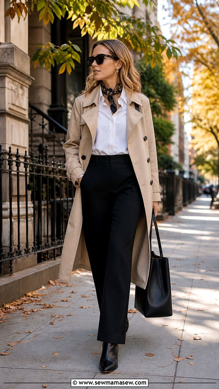Black Linen Pants with a Crisp White Button Down and a Trench Coat - 40 linen pants outfit ideas for women