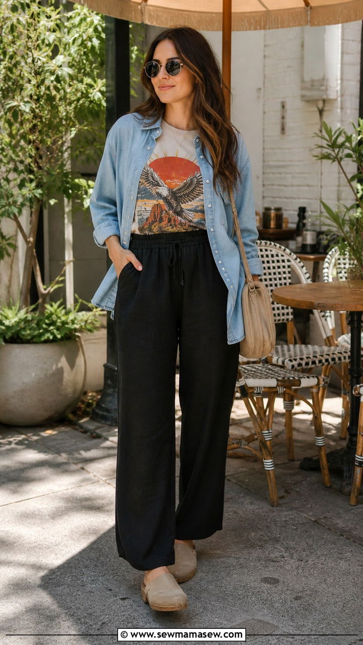 Black Linen Pants with a Graphic Tee and a Light Denim Button Up - 40 linen pants outfit ideas for women