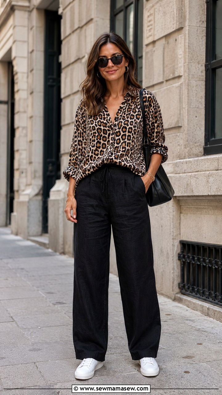 Black Linen Pants with a Leopard Print Top and Sneakers - 30 Linen pants outfit ideas with sneakers