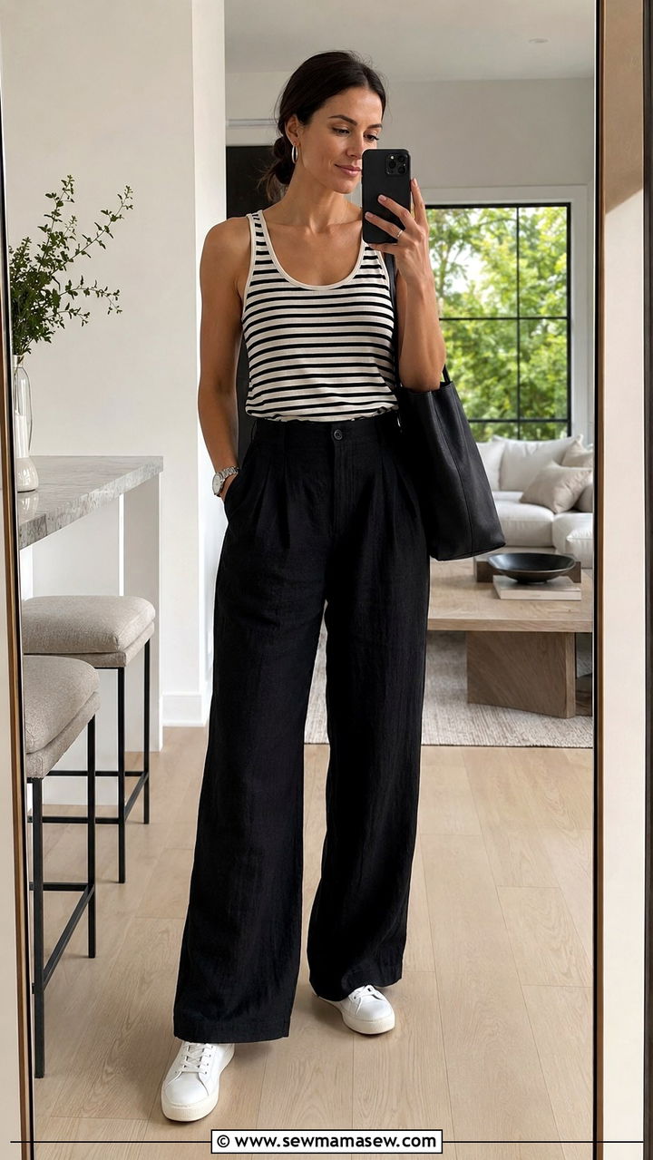 Black Linen Pants with a Striped Tank and Sneakers - 30 Linen pants outfit ideas with sneakers