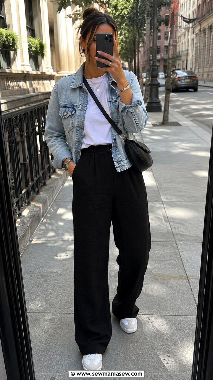 Black Linen Pants with a White Tee and Denim Jacket - 30 Linen pants outfit ideas with sneakers