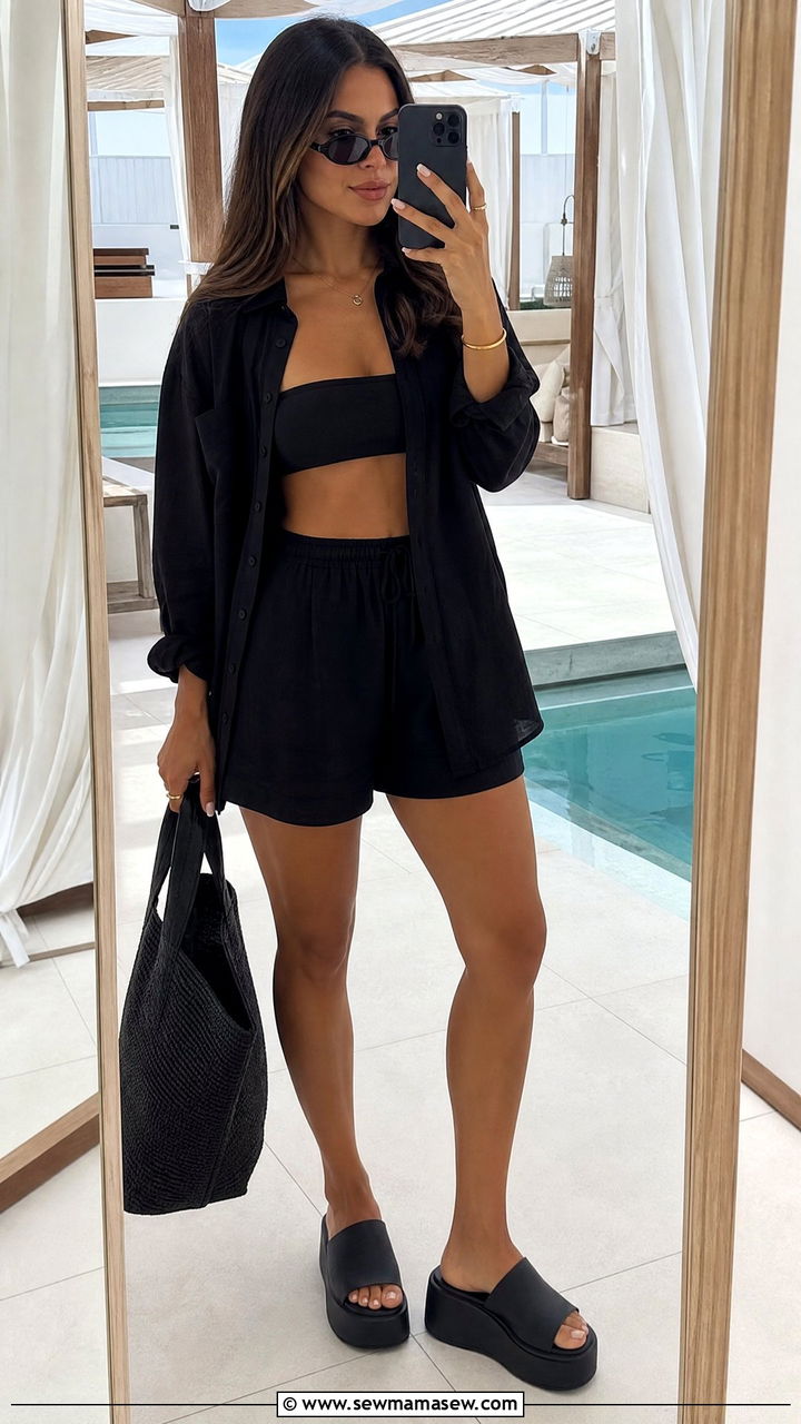 Black Linen Shirt With Matching Linen Shorts - 25 Linen shirt cover up outfit ideas