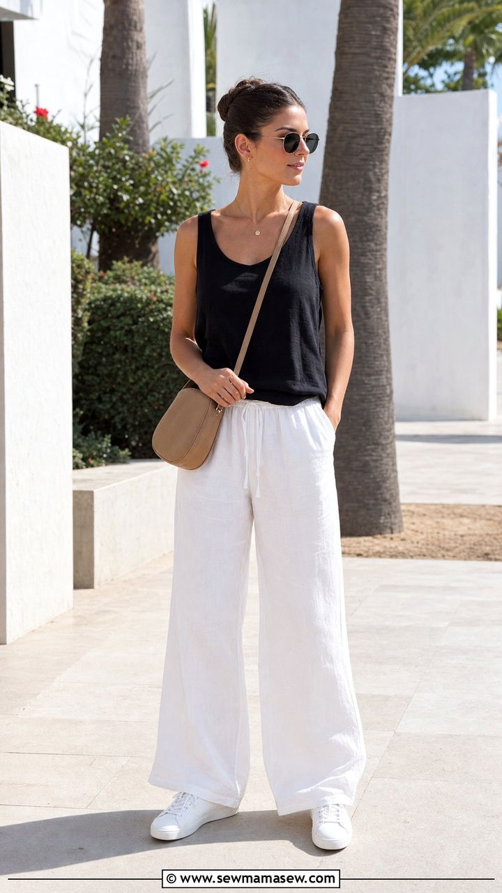 Black Linen Tank And White Wide Leg Pants Outfit - 25 errands outfits aesthetic