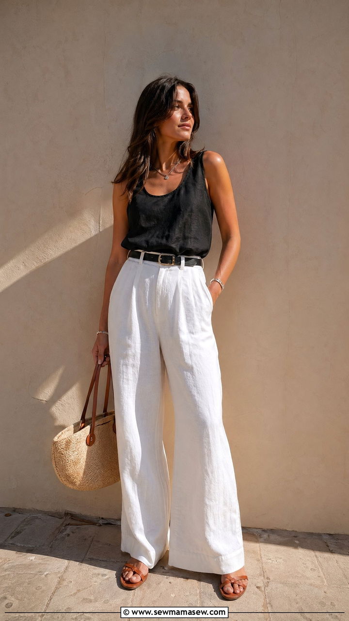 Black Linen Tank and White Wide Leg Linen Pants - 35 errand outfit ideas for women