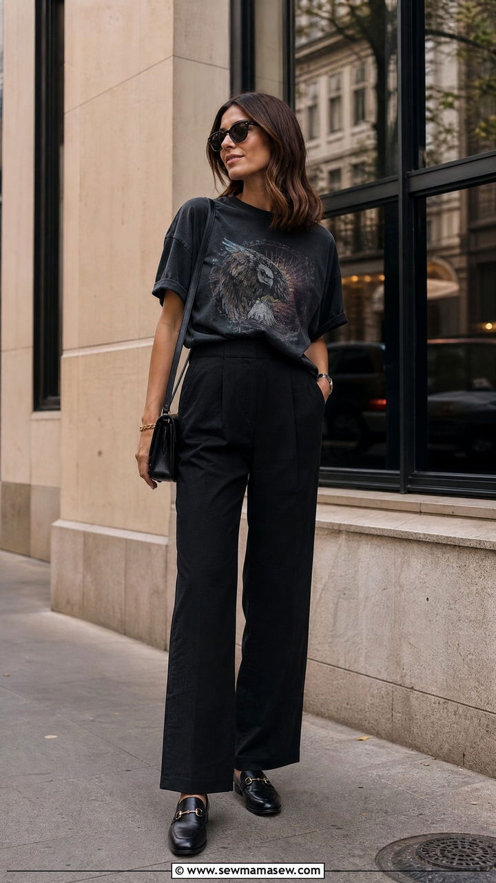 Black Linen Trousers With Graphic Tee And Loafers - 35 linen pants outfits