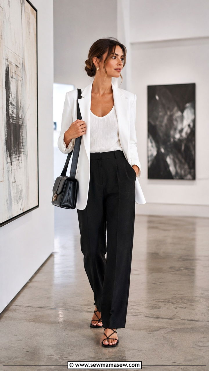 Black Linen Trousers With White Blazer - 30 Linen pants outfit ideas with a blazer
