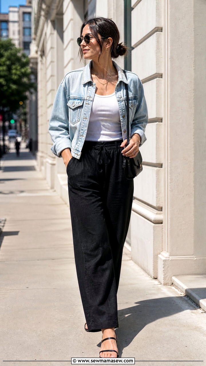 Black Linen Trousers With White Tank and Denim Jacket - 25 Spring outfits with linen pants