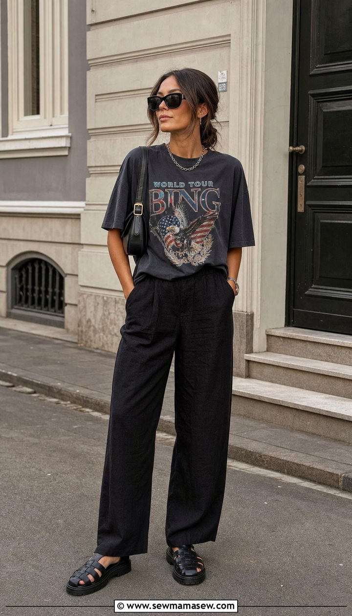 Black Linen Trousers with Graphic Tee Outfit - 35 casual linen pants outfits