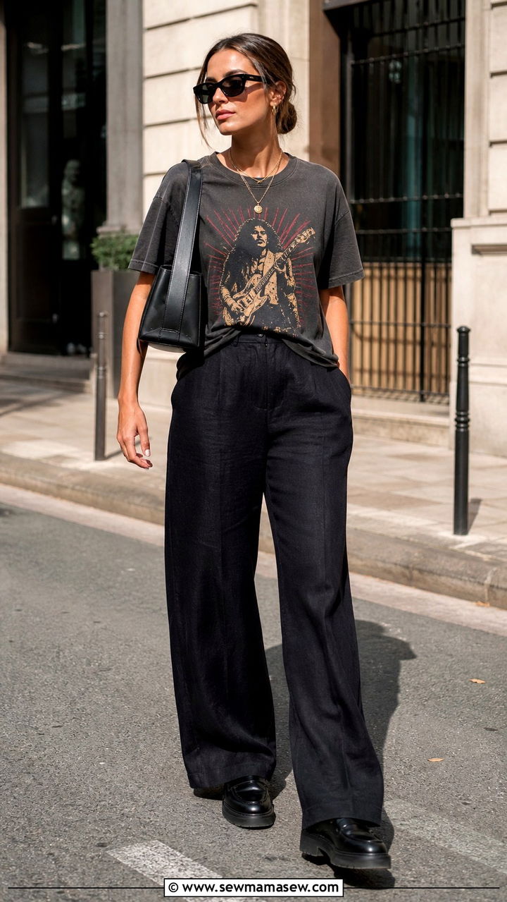 Black Linen Trousers with a Boxy Graphic Tee and Chunky Loafers - 40 linen pants outfit ideas for women