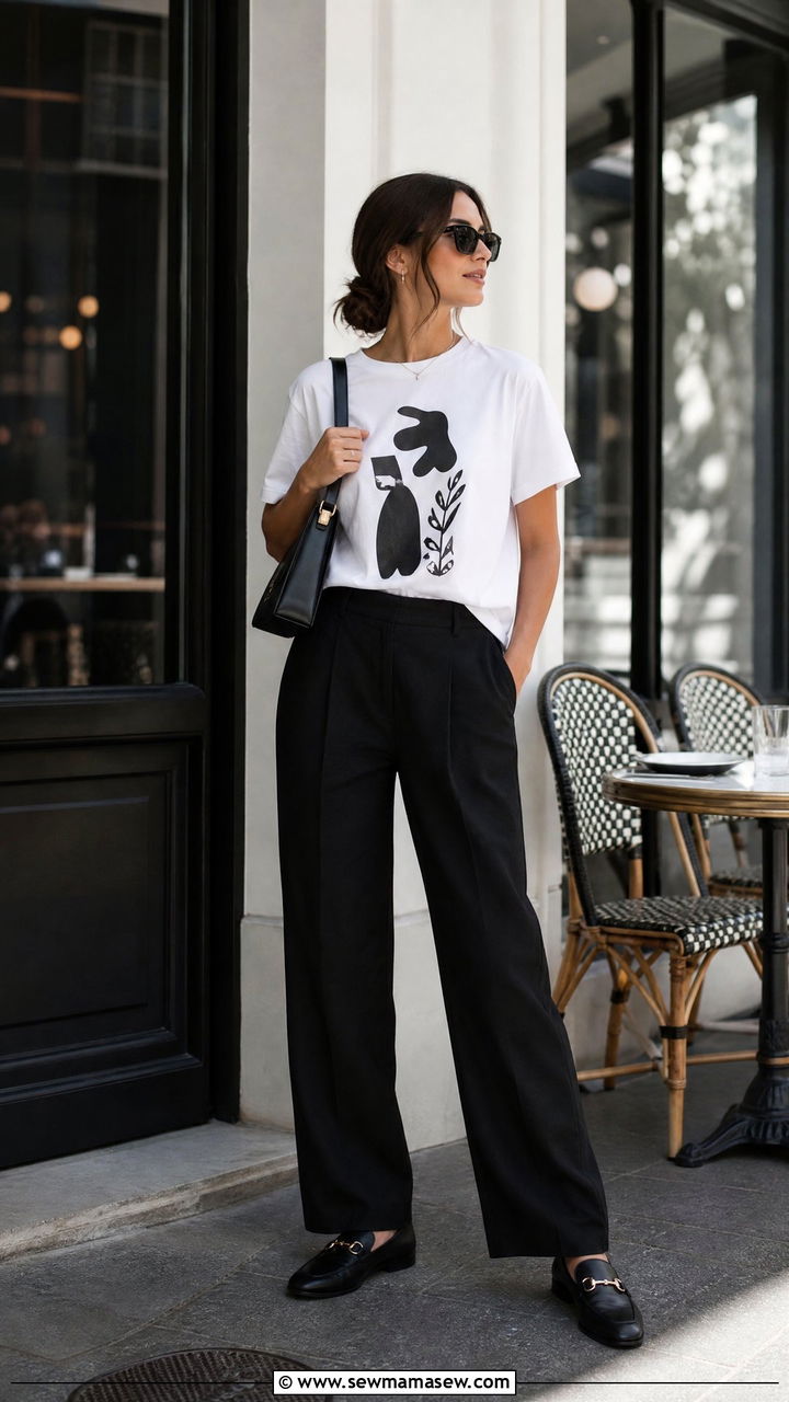 Black Linen Trousers with a Boxy Graphic Tee and Loafers - 25 Brunch outfit ideas with linen pants