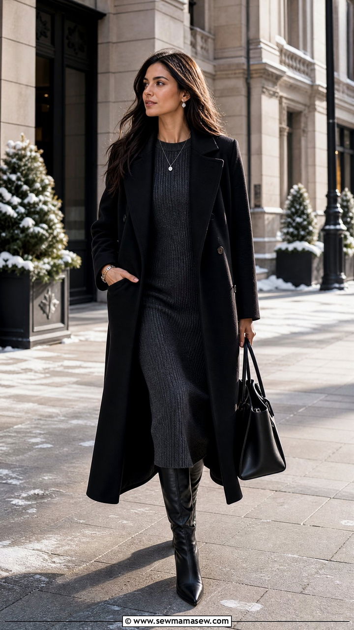 Black Long Coat Over a Grey Knit Dress - 25 classy classy outfits