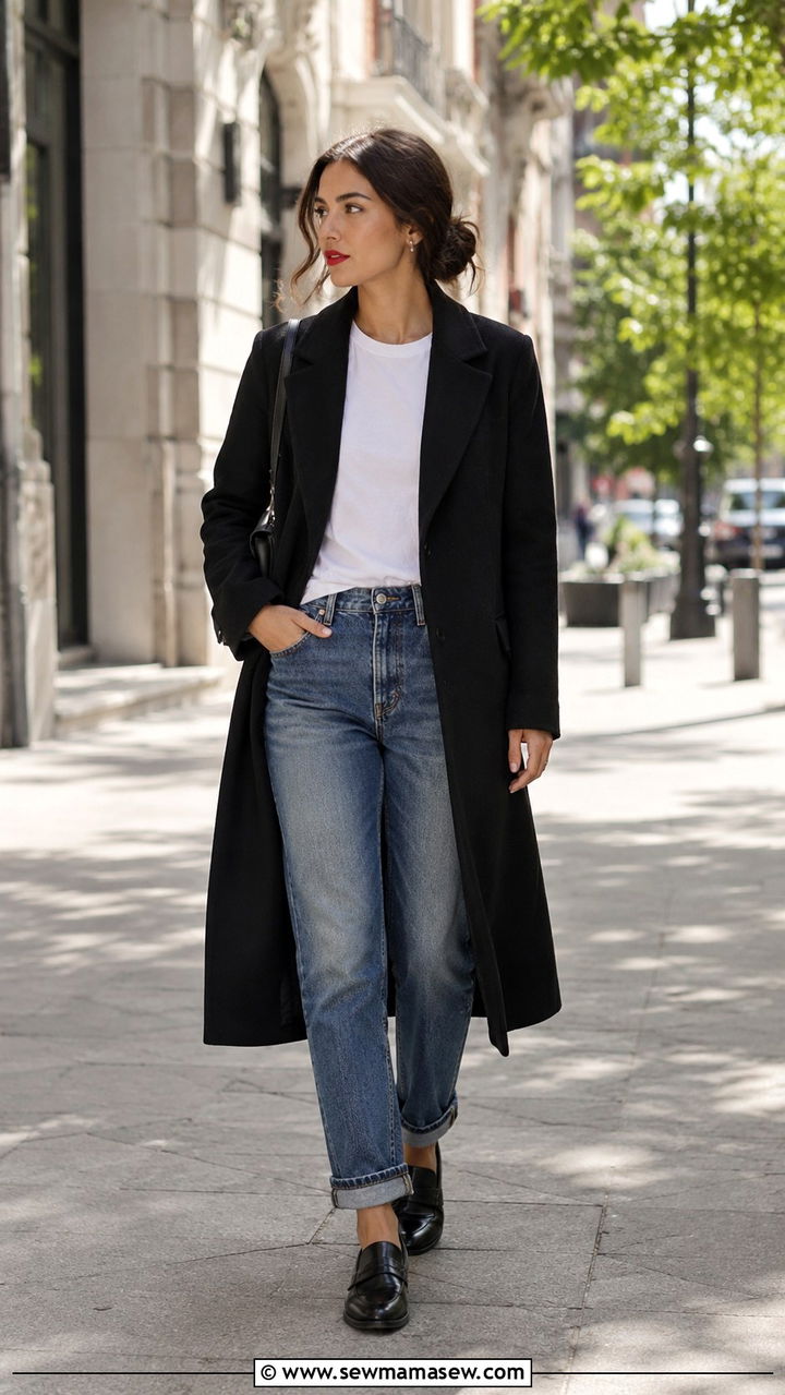 Black Long Coat With White Tee Vintage Jeans And Loafers - 30 classy fashion inspo outfits