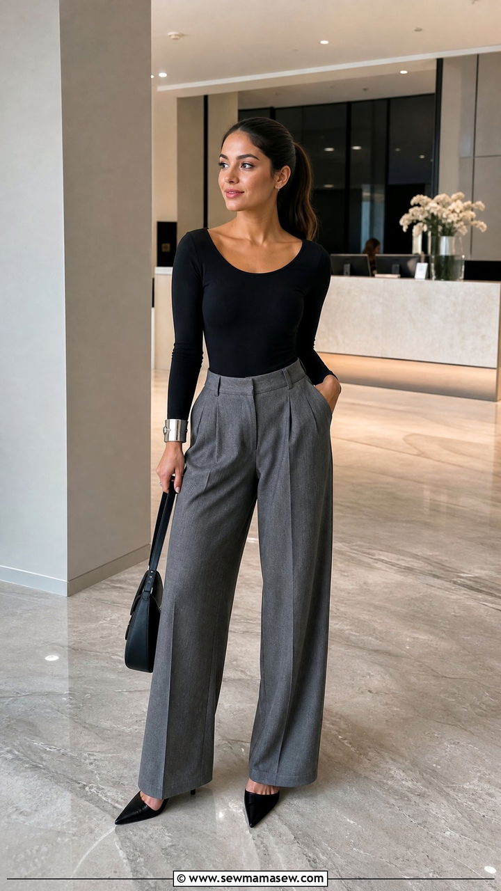 Black Long Sleeve Bodysuit and Gray Wide Leg Trousers - 30 Clean girl outfit ideas petite