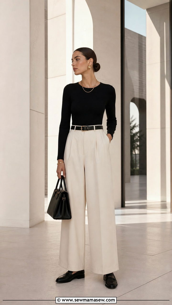 Black Long Sleeve Bodysuit with Cream Trousers and Loafers - 40 clean girl outfits