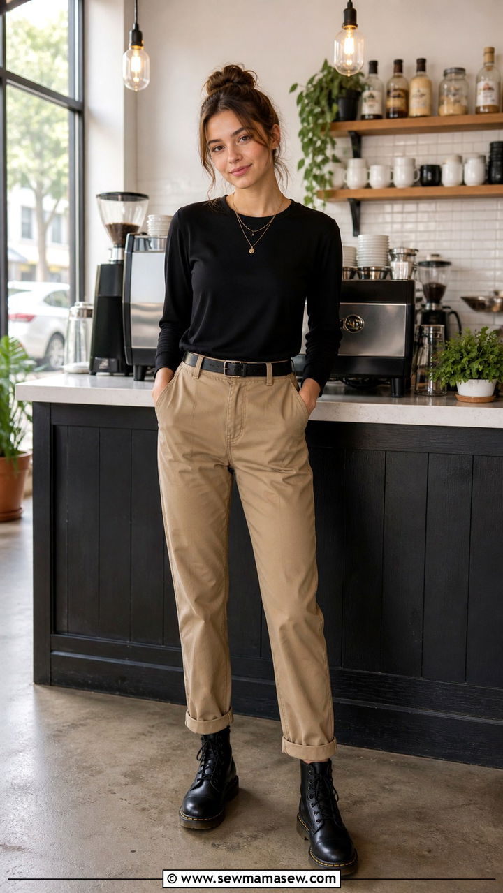 Black Long Sleeve Shirt and Khaki Pants Barista Outfit - 20 Barista outfit ideas