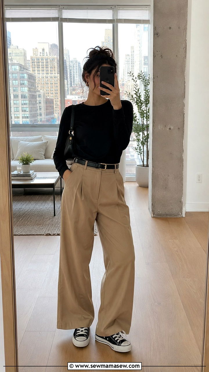 Black Long Sleeve Tee With Camel Wide Leg Trousers And Converse - 30 casual clean girl outfits