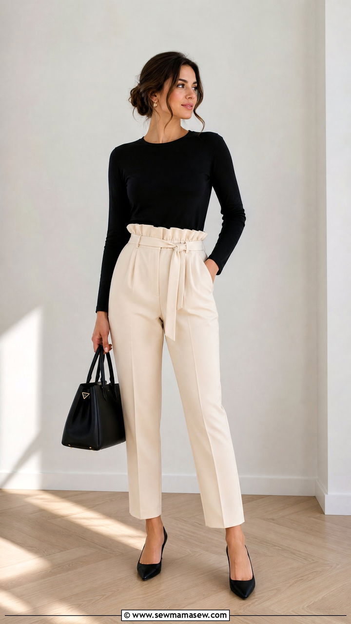 Black Long Sleeve Top With Cream Paperbag Waist Pants - 30 Cream and black outfit ideas