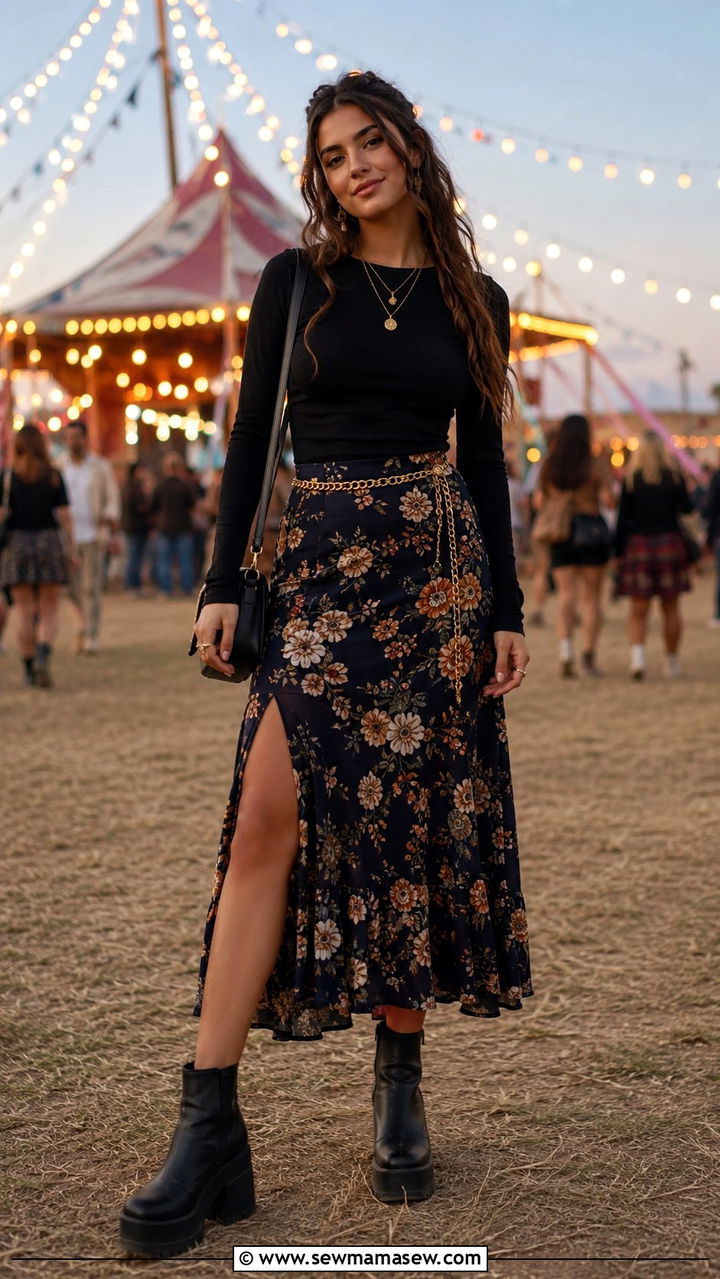 Black Long Sleeve Top and Navy Floral Midi Skirt - 30 Boho outfit ideas for festival