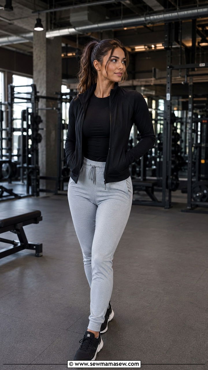 Black Long Sleeve and Zip Jacket With Light Grey Pants - 25 Personal trainer outfit ideas