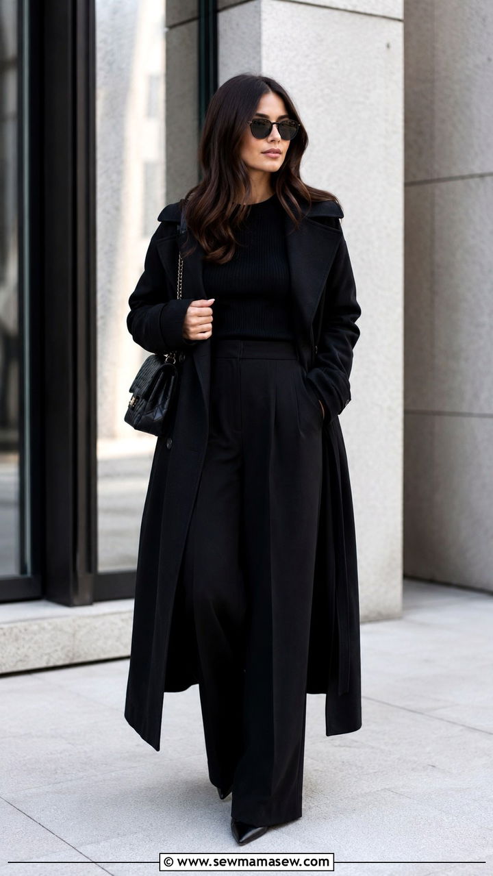 Black Long Trench Coat With Black Wide Leg Trousers - 30 Long trench coat outfit ideas with wide leg pants