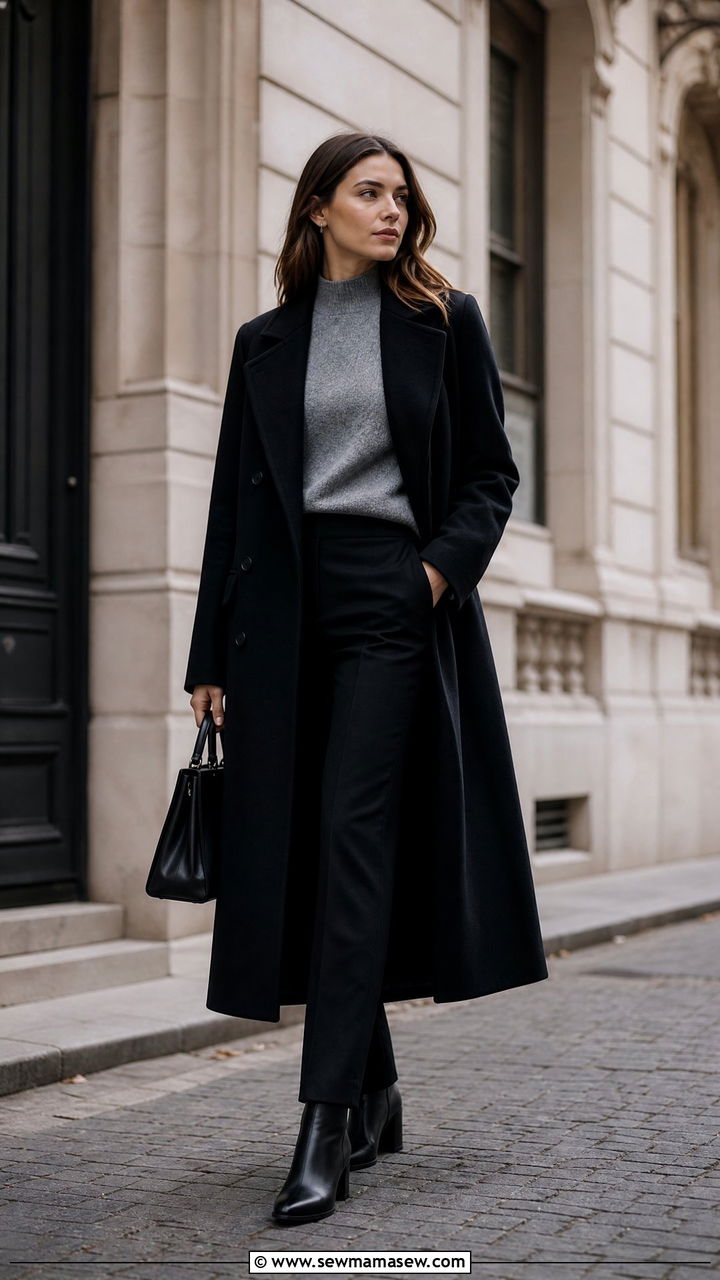 Black Long Wool Coat with Grey Sweater and Straight Leg Trousers - 40 Parisian outfit ideas