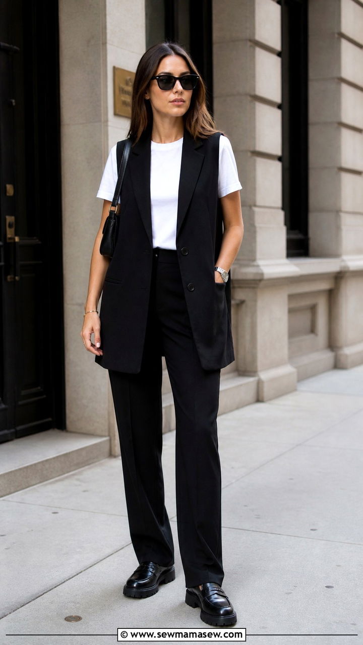 Black Longline Waistcoat Vest with White Tee and Straight Leg Trousers - 40 Parisian outfit ideas