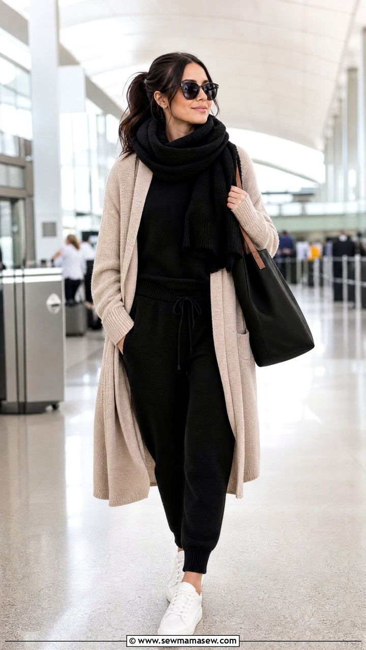 Black Lounge Set Travel Outfit With Sneakers - 25 Black loungewear set outfit ideas