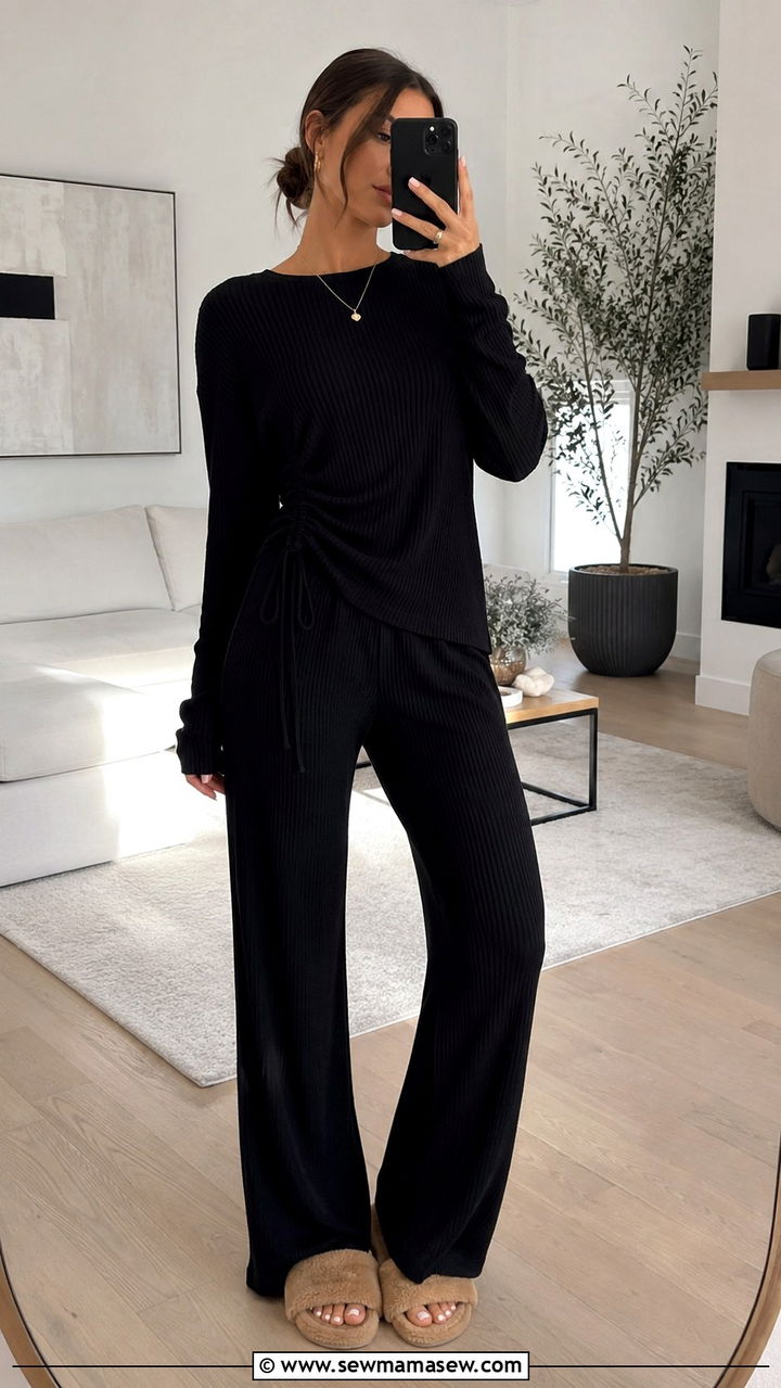 Black Lounge Set With Denim Jacket Outfit - 25 Black loungewear set outfit ideas