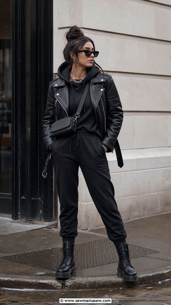 Black Matching Sweatsuit with Leather Jacket - 25 Matching sweatsuit outfit ideas
