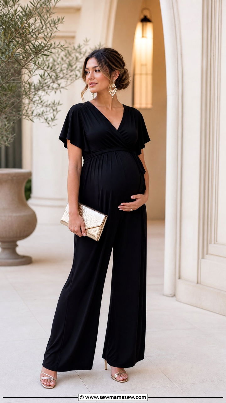 Black Maternity Jumpsuit with Statement Earrings - 30 Summer outfit ideas for pregnant women