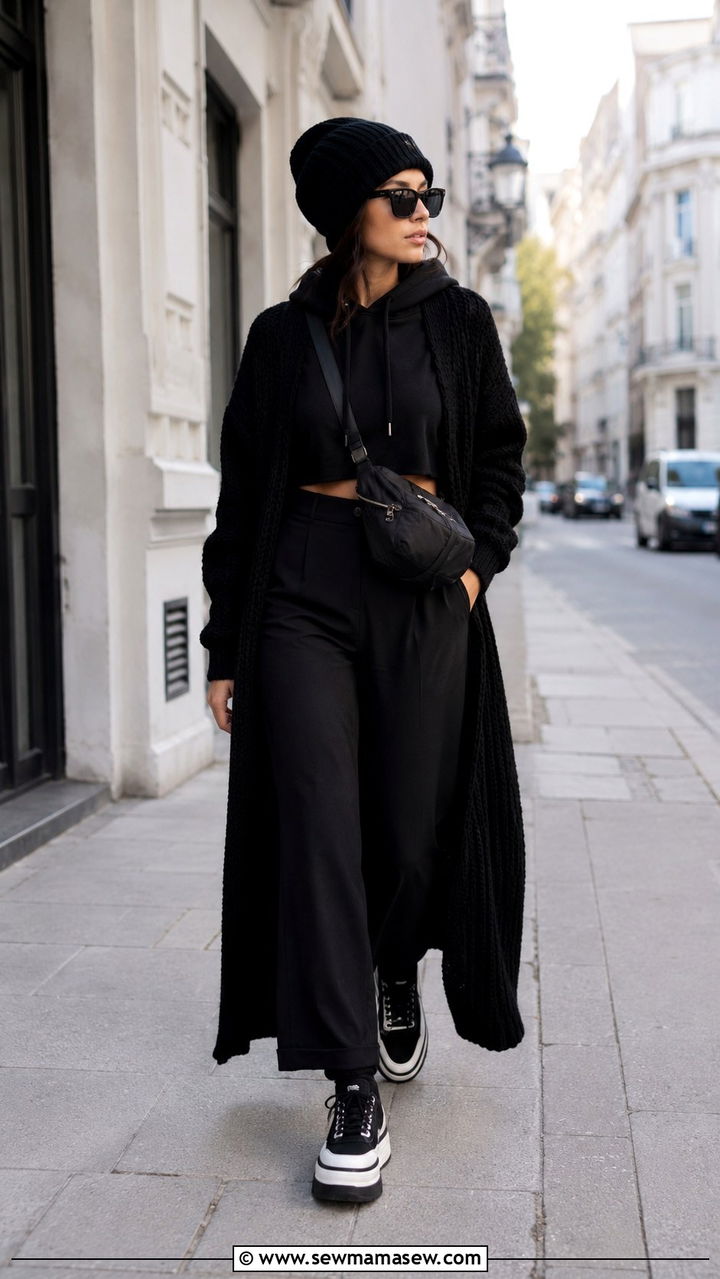 Black Maxi Cardigan with Cropped Hoodie - 30 Mysterious spring outfit ideas