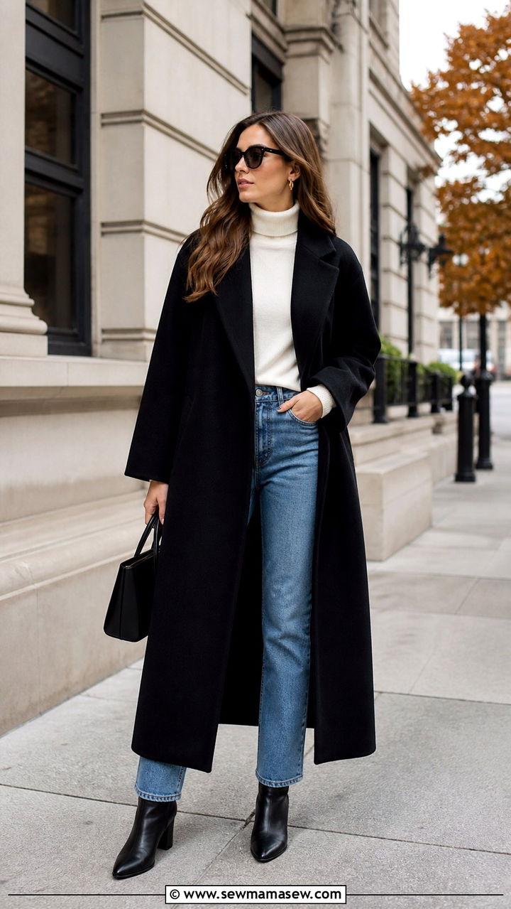 Black Maxi Coat With Straight Leg Jeans and Ankle Boots - 40 Maxi coat outfit ideas