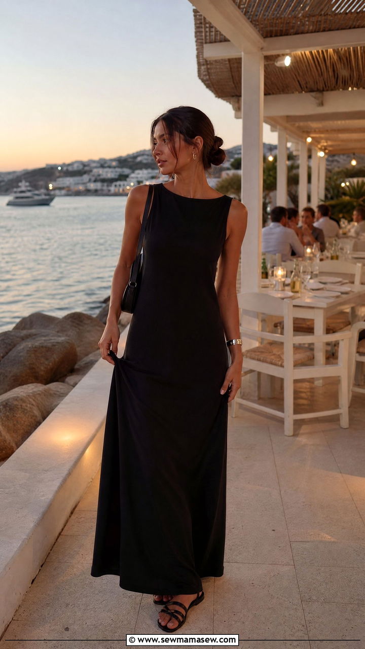 Black Maxi Dress And Flat Sandals - 35 Minimalist summer capsule wardrobe