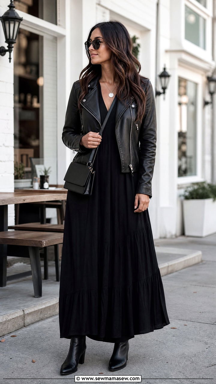 Black Maxi Dress Brunch Outfit With Leather Jacket - 25 Brunch outfit ideas with a maxi dress