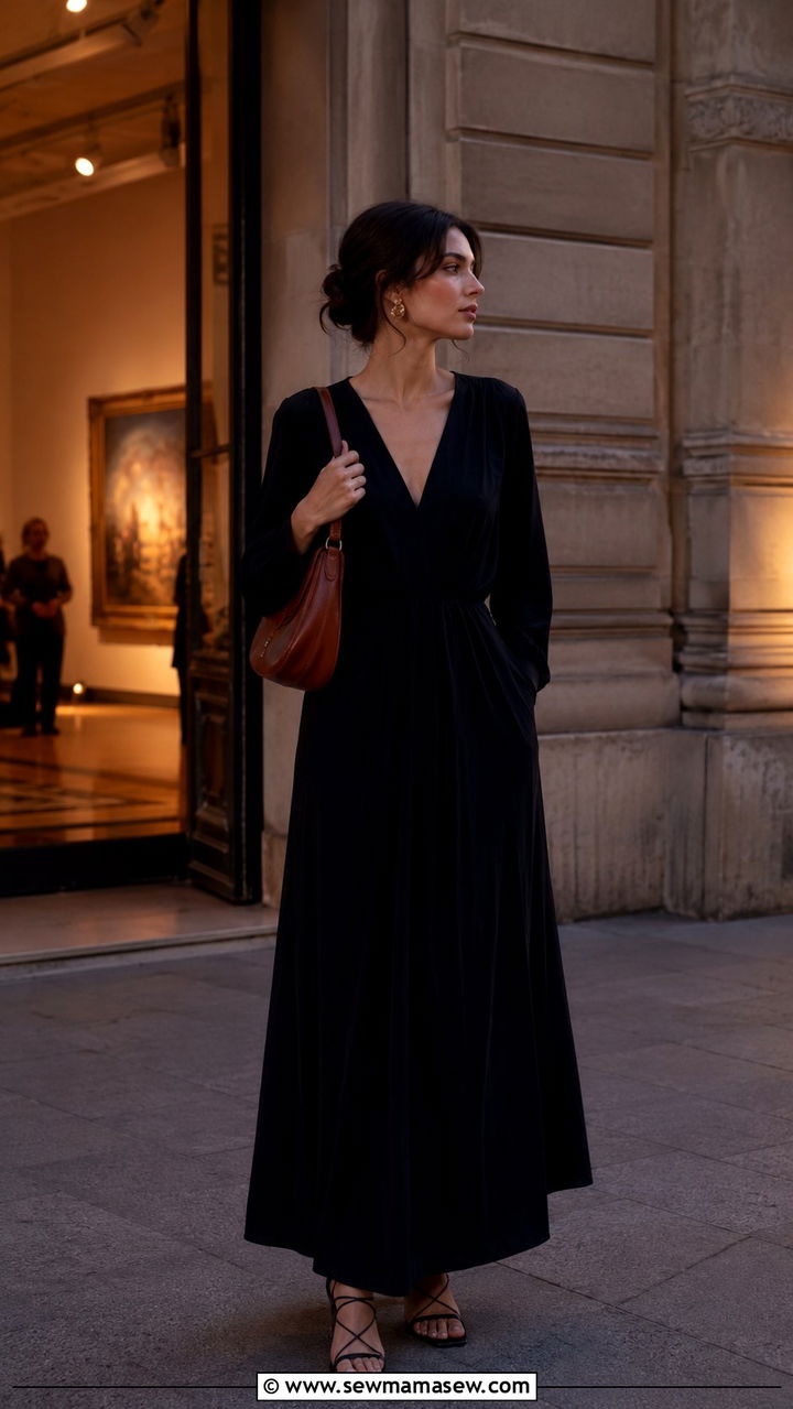 Black Maxi Dress With A Brown Leather Bag - 30 classy parisian outfit ideas