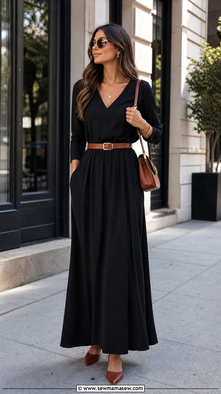 Black Maxi Dress With Belt And Pointed Toe Flats - 35 maxi dress outfits for women