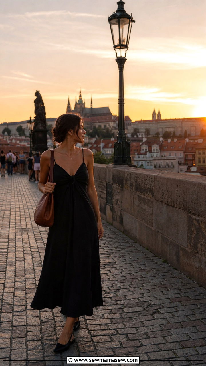 Black Maxi Dress With Brown Leather Bag And Slingbacks For Prague - 40 What to wear in Prague