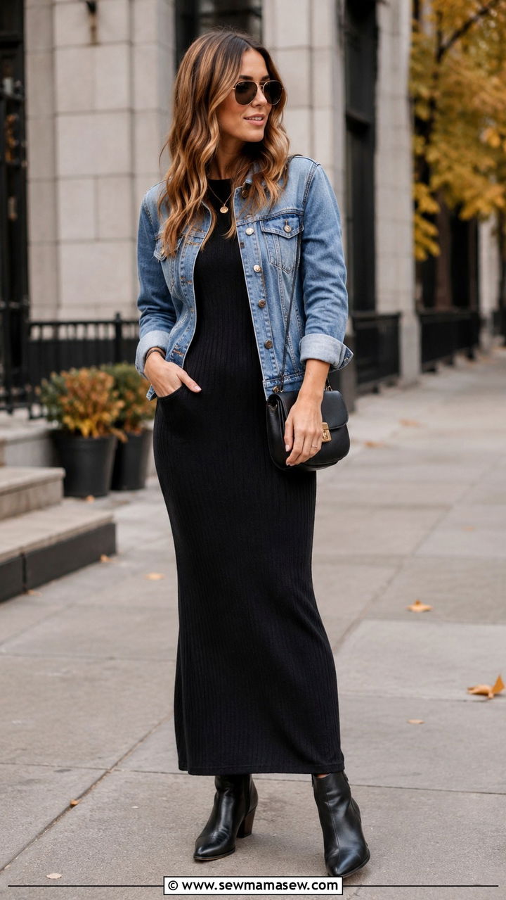 Black Maxi Dress With Denim Jacket And Ankle Boots - 30 Maxi dress with a denim jacket outfit ideas