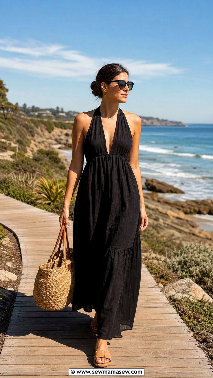 Black Maxi Dress With Flat Sandals - 35 Black dress outfit ideas summer 2026