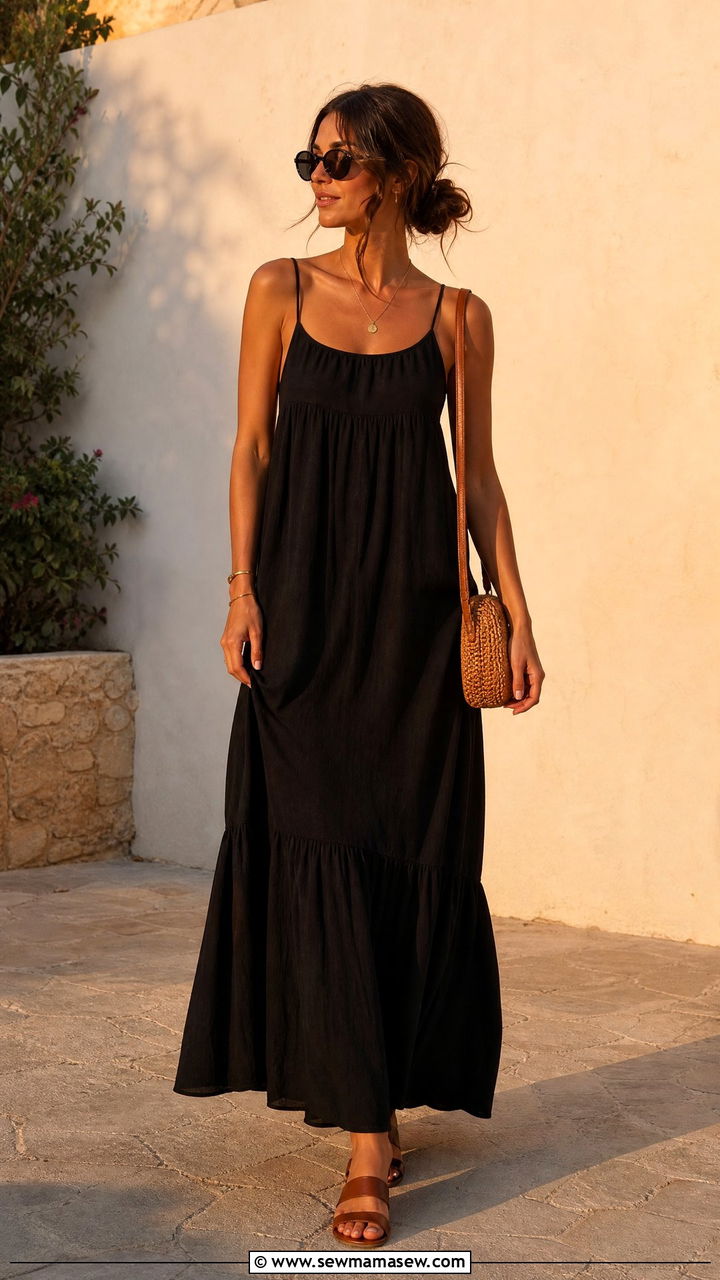 Black Maxi Dress With Flat Sandals - 40 summer chic outfit ideas