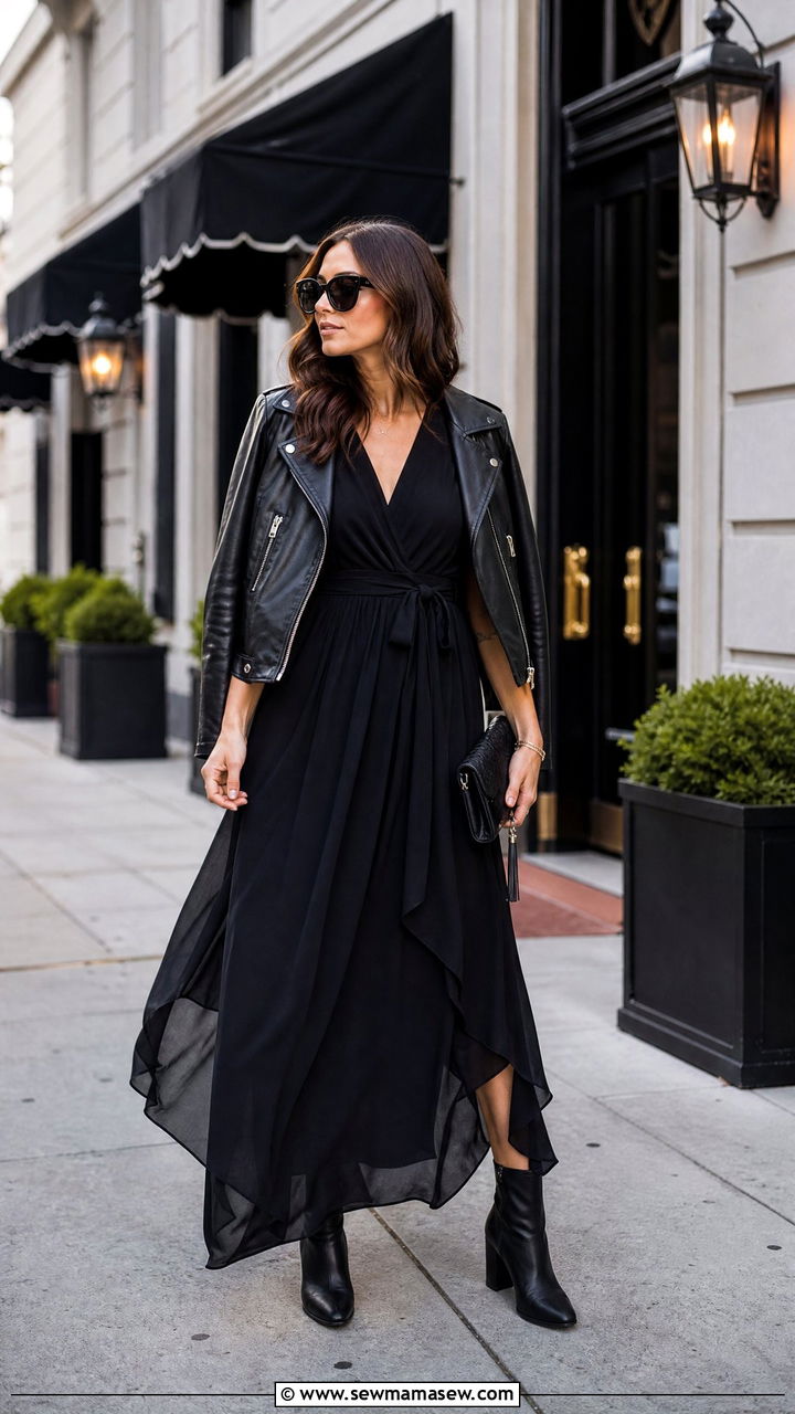 Black Maxi Dress With Leather Jacket And Ankle Boots - 35 maxi dress outfit ideas for women
